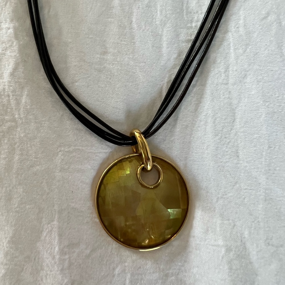 Lia Sophia gold with multi colored shell like accent on black rope necklace